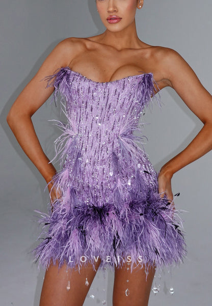Strapless Sequin Feather Mini Dress with Cape