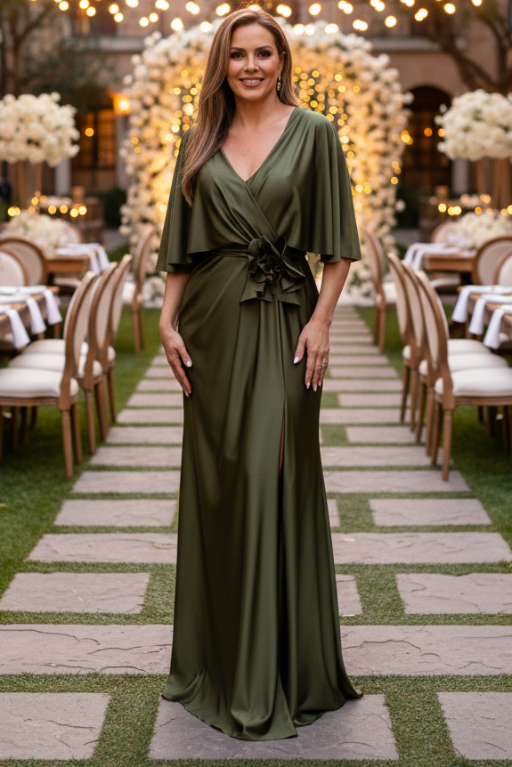 Flutter Sleeve V-Neck Gown with Floral Waist Detail