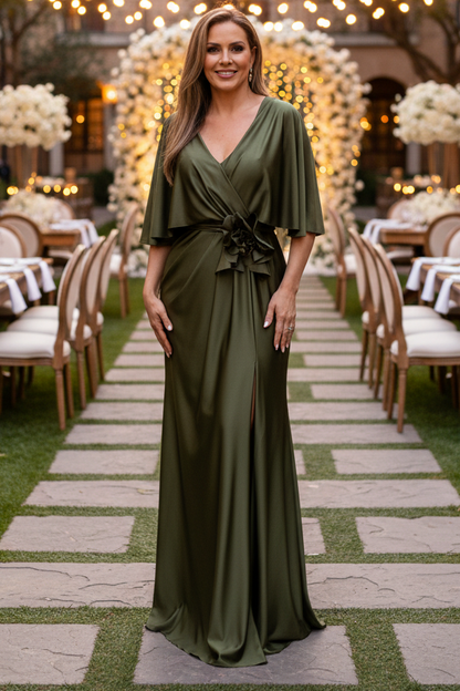 Flutter Sleeve V-Neck Gown with Floral Waist Detail