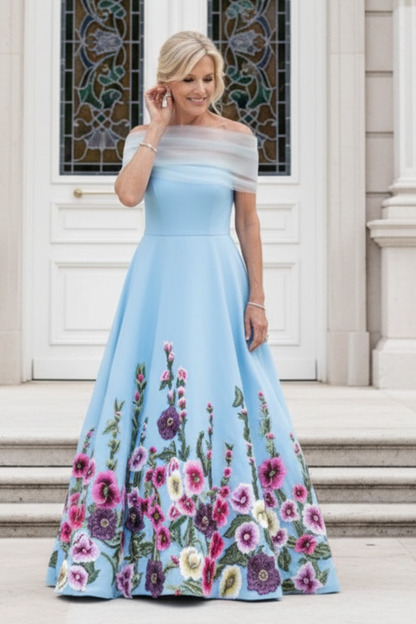 Off-the-Shoulder Embroidered Floral A-Line Gown