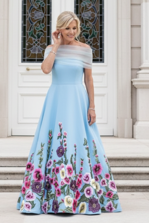 Off-the-Shoulder Embroidered Floral A-Line Gown
