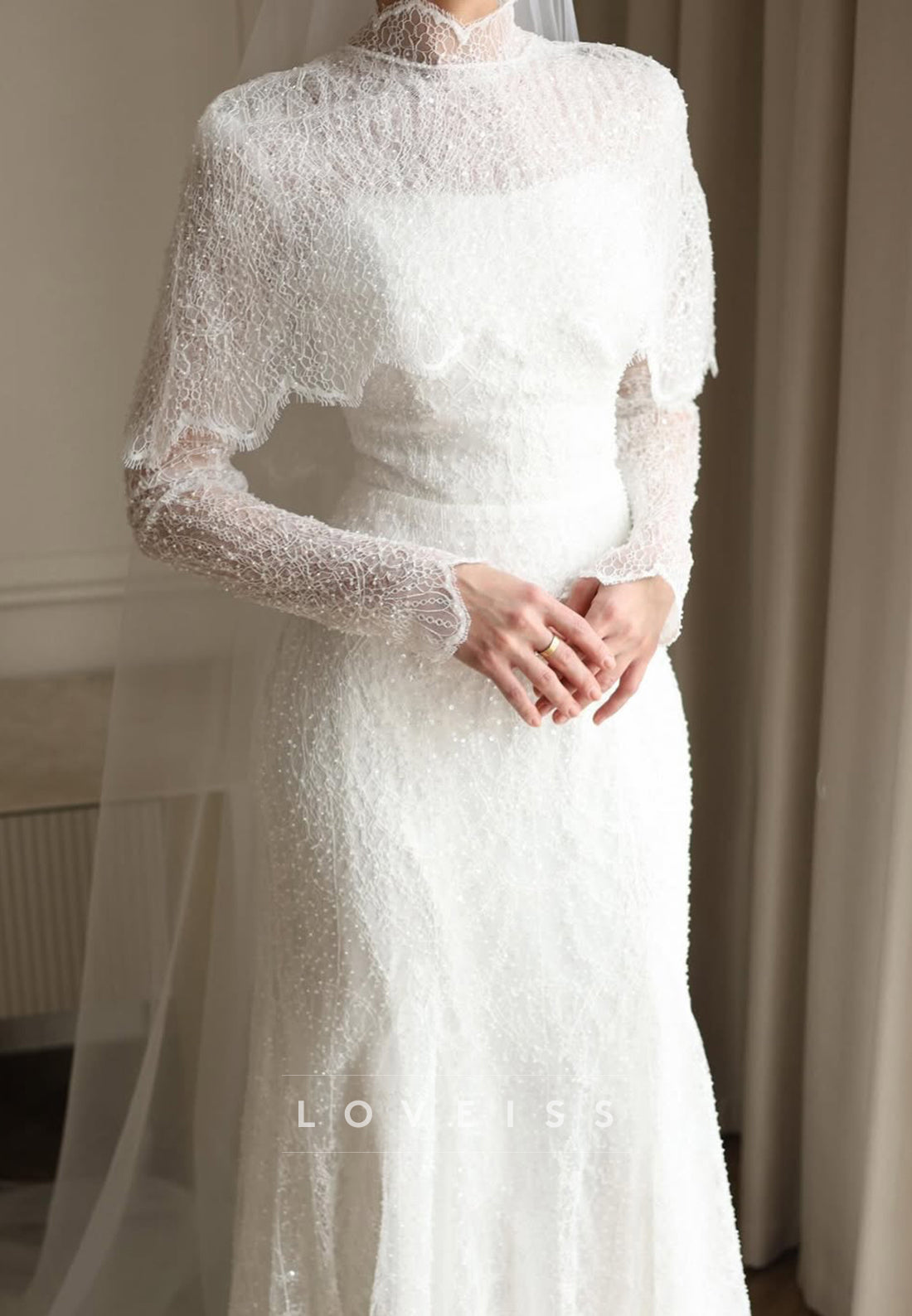 High Neck Lace Long Sleeve Trumpet Wedding Dress