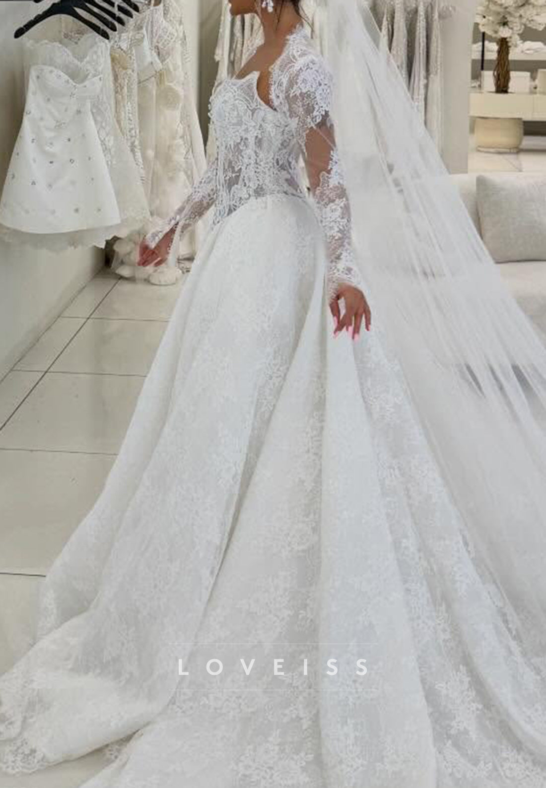 Long Sleeve Lace Ball Gown Wedding Dress with Corset