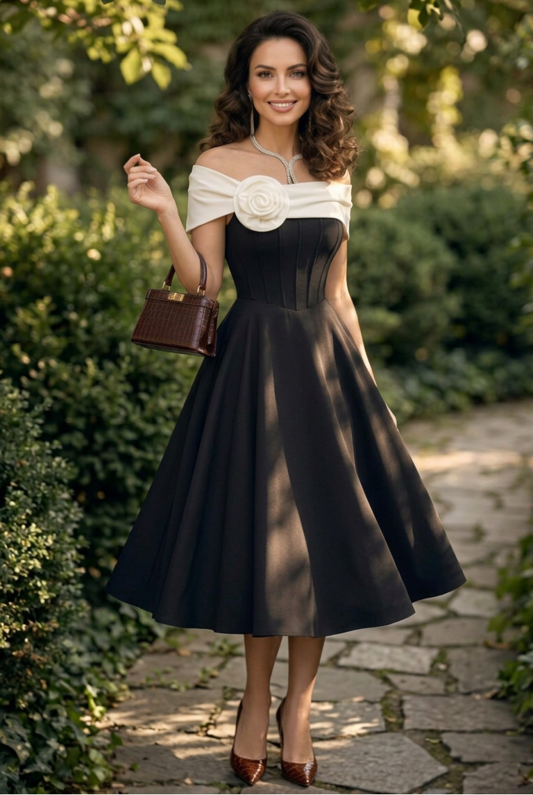 Off-the-Shoulder Rosette Corset Midi Dress