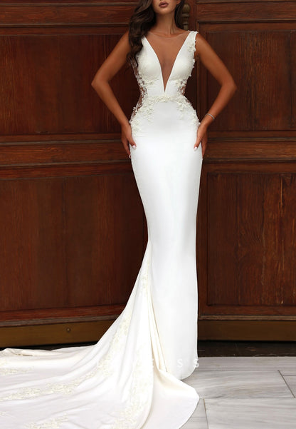 Deep V-Neck Mermaid Wedding Dress with Illusion Sides