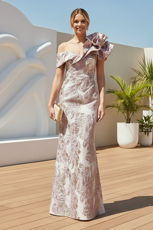 Floral Jacquard One-Shoulder Column Gown