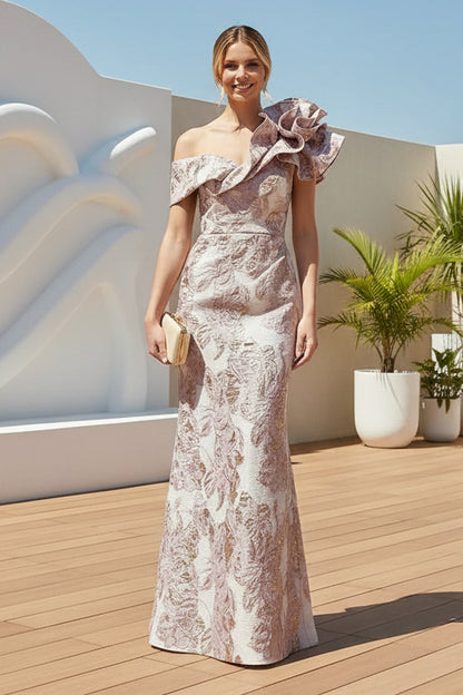 Floral Jacquard One-Shoulder Column Gown