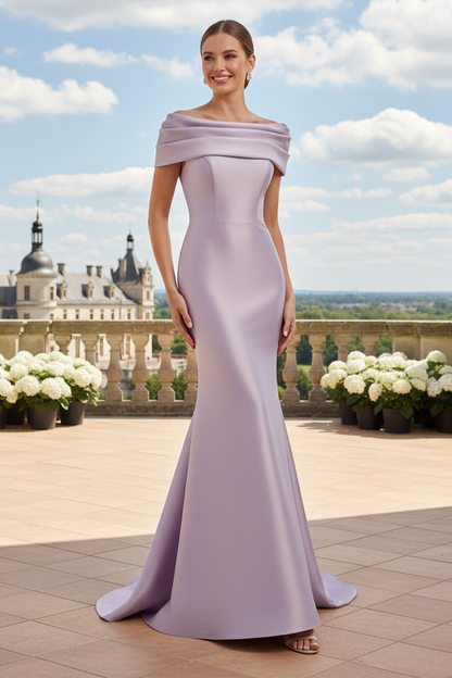 Off-The-Shoulder Satin Evening Gown with Back Bow