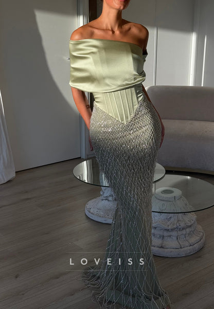 Off-Shoulder Corset Gown with Beaded Fringe Skirt