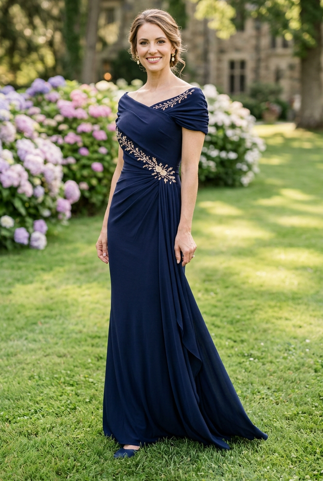 Embroidered Off-the-Shoulder Draped Evening Gown