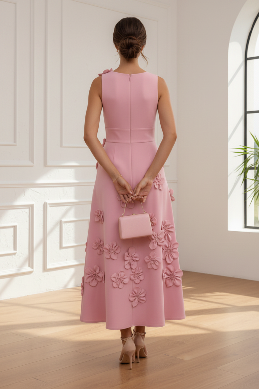 3D Floral Applique Sleeveless Midi Dress