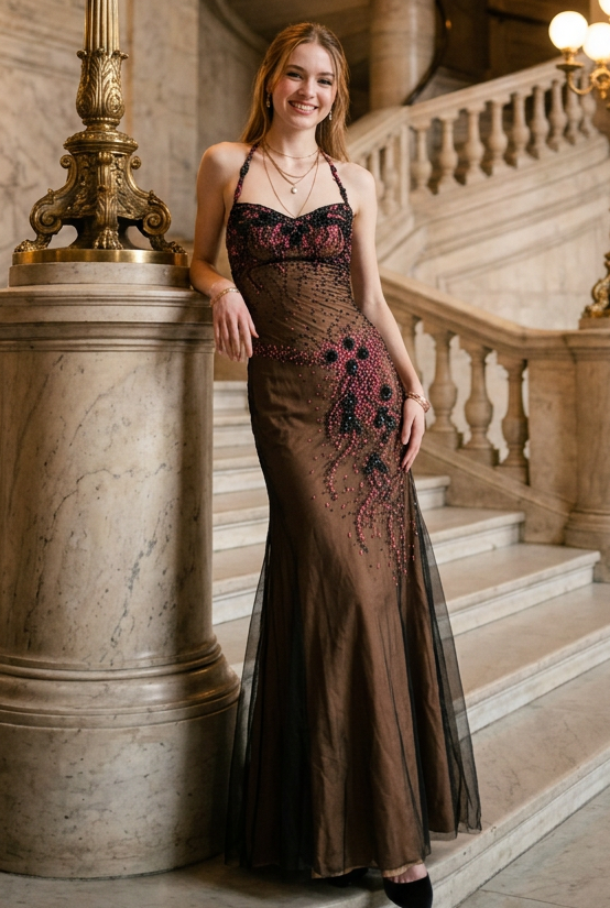 Beaded Halter Mermaid Evening Gown