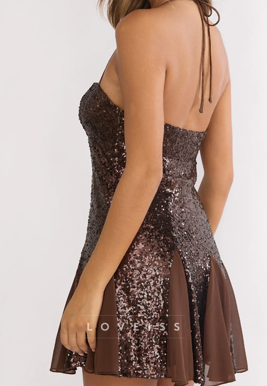 Sequin Halter Mini Dress with Sheer Flounced Hem