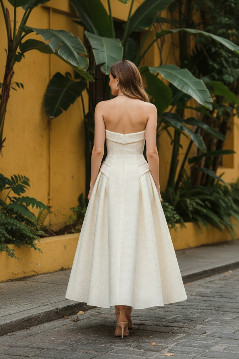 Strapless Pearl Trim Flap Waist Midi Dress