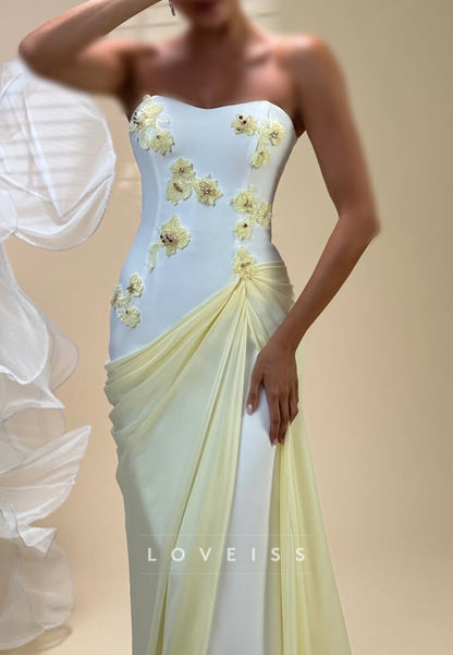 Strapless Floral Applique Gown with Draped Train