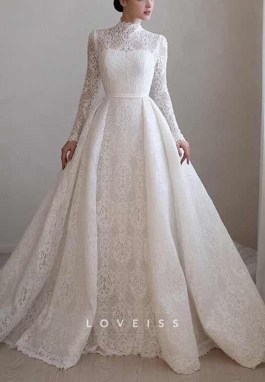 High Neck Lace Long Sleeve A-Line Wedding Dress