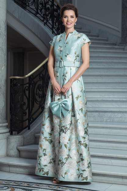 Floral Belted A-Line Gown with Cap Sleeves