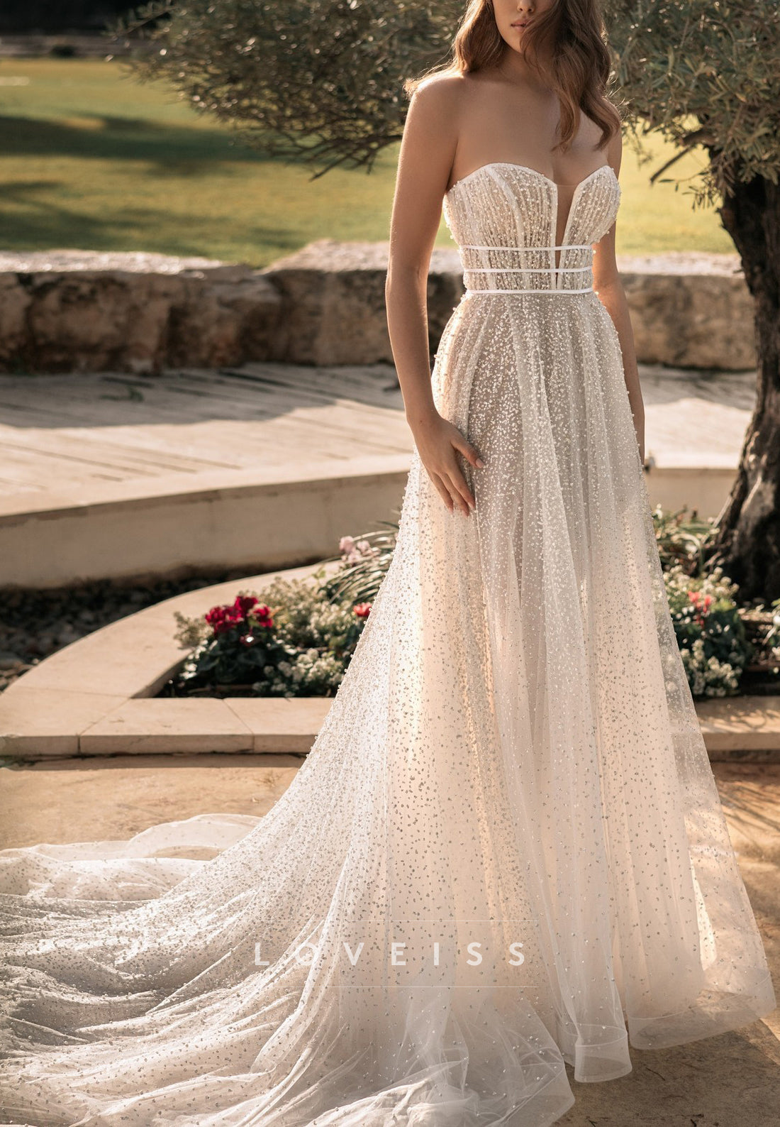 Strapless Beaded A-Line Wedding Dress with Plunge