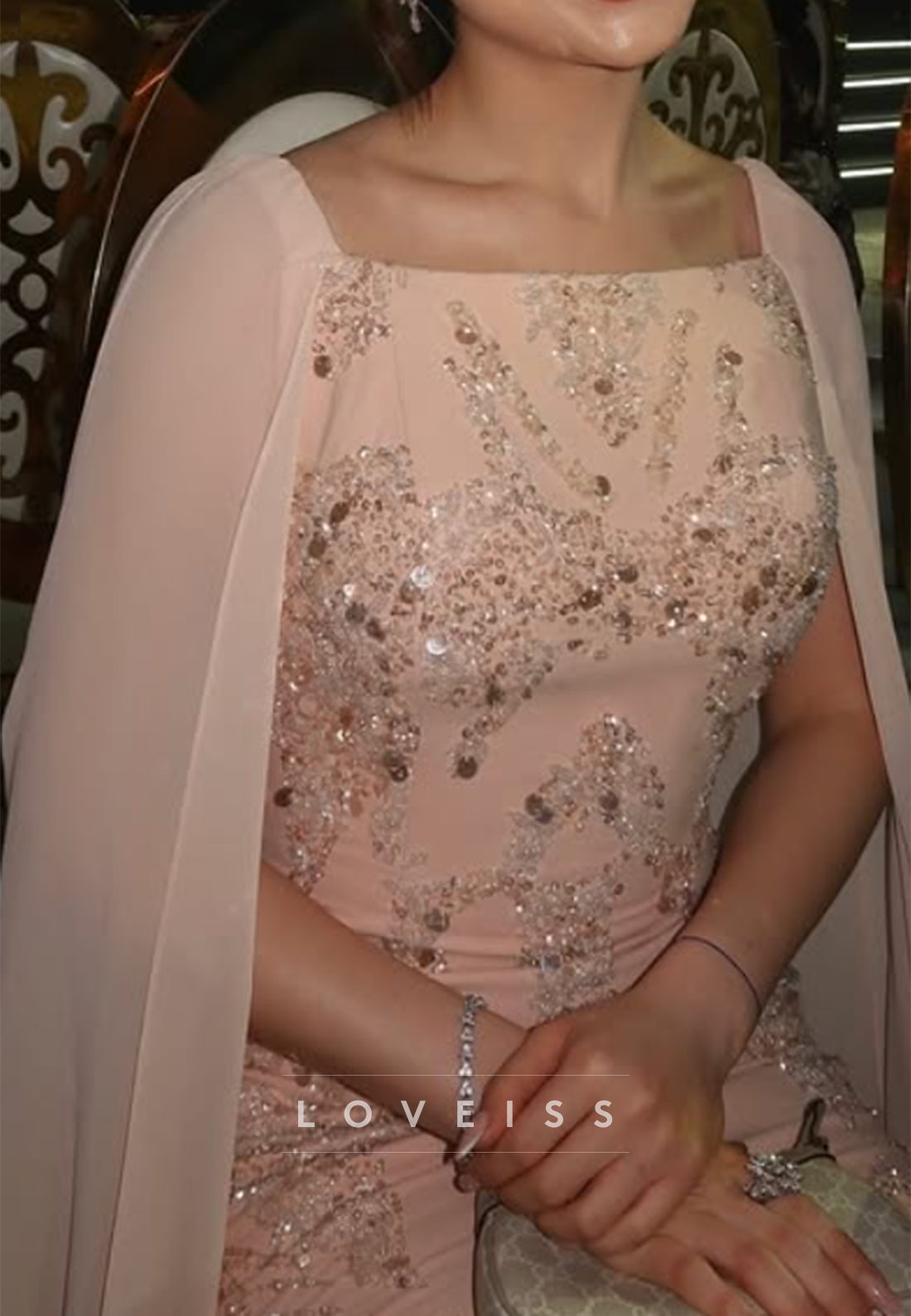 Beaded Cape Sleeve Sheath Evening Gown with Feather
