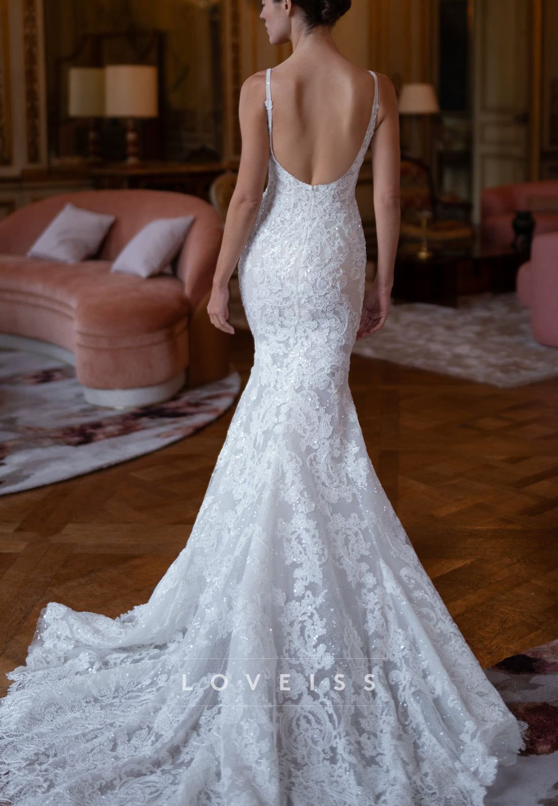Square Neck Lace Mermaid Bridal Gown with Low Back