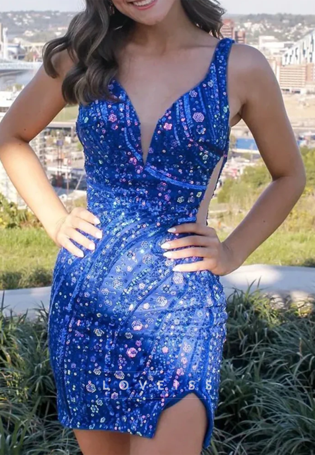 Sequin Deep V-Neck Homecoming Dress with Open Back