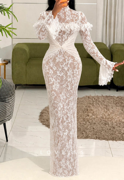 High Neck Lace Sheath Gown with Bell Sleeves