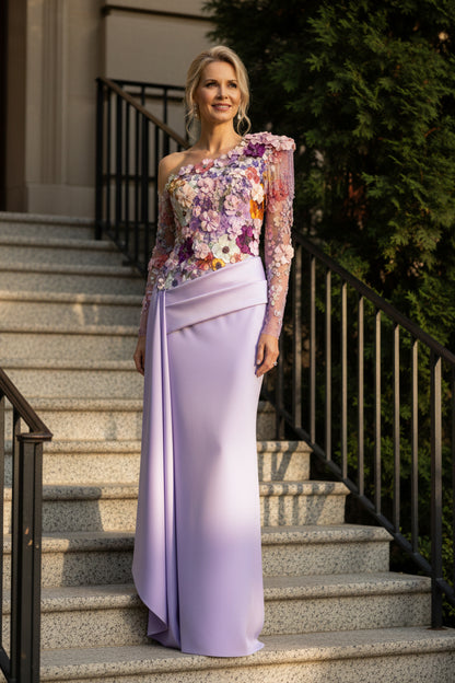3D Floral One-Shoulder Draped Evening Gown