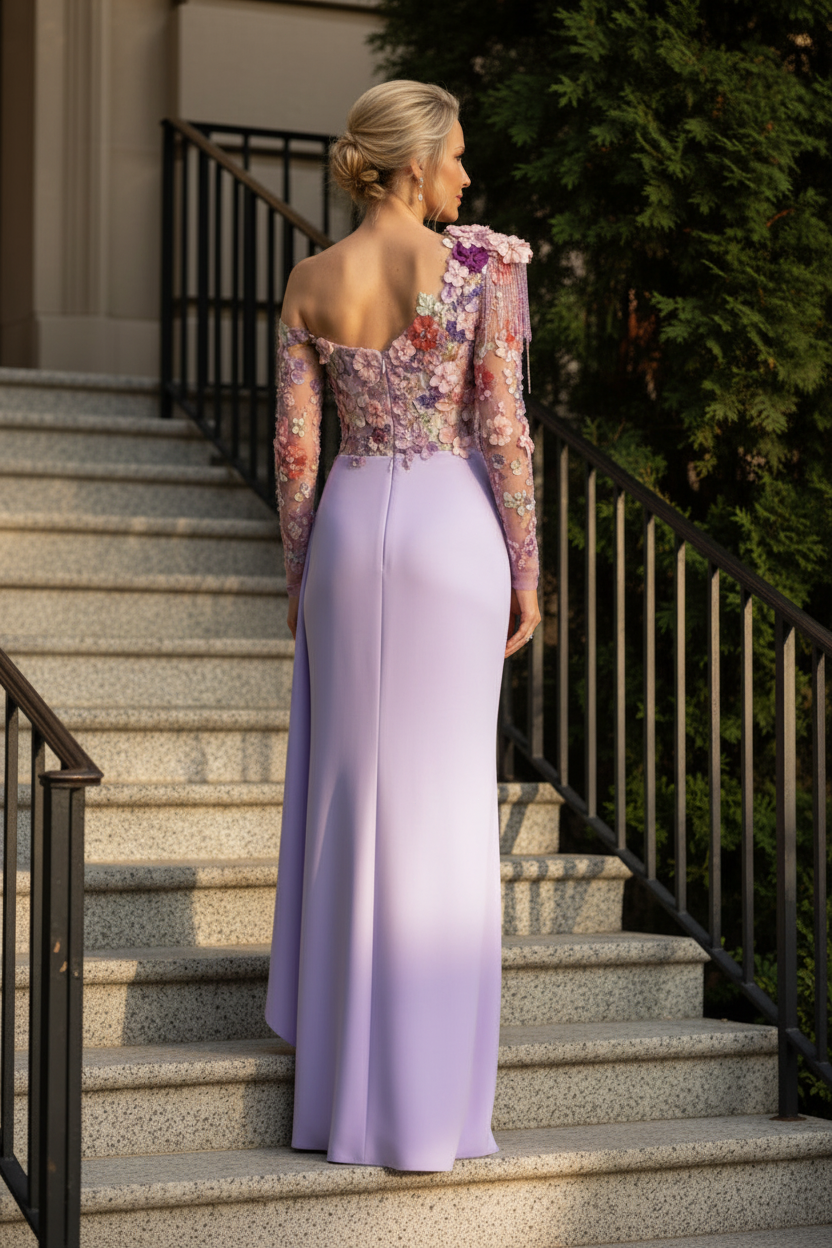 3D Floral One-Shoulder Draped Evening Gown