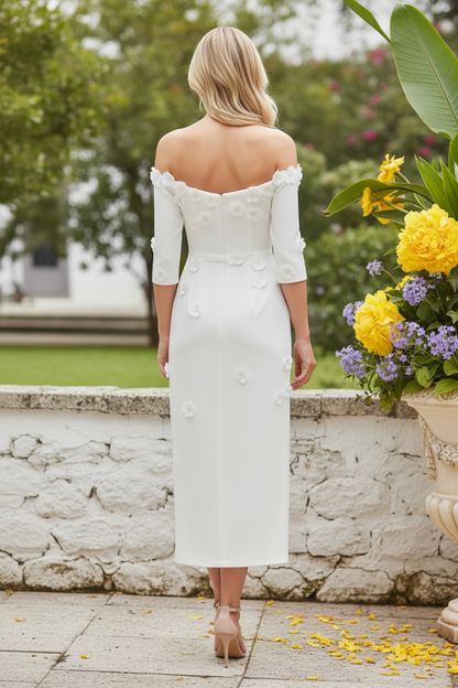 Off-Shoulder 3D Floral Applique Tea-Length Sheath Dress