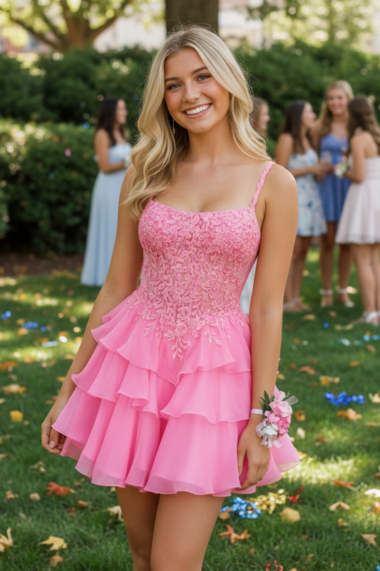 Spaghetti Strap Lace Corset Tiered Mini Dress