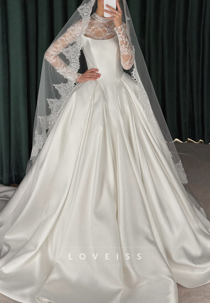 Satin Ball Gown Wedding Dress with Lace Veil