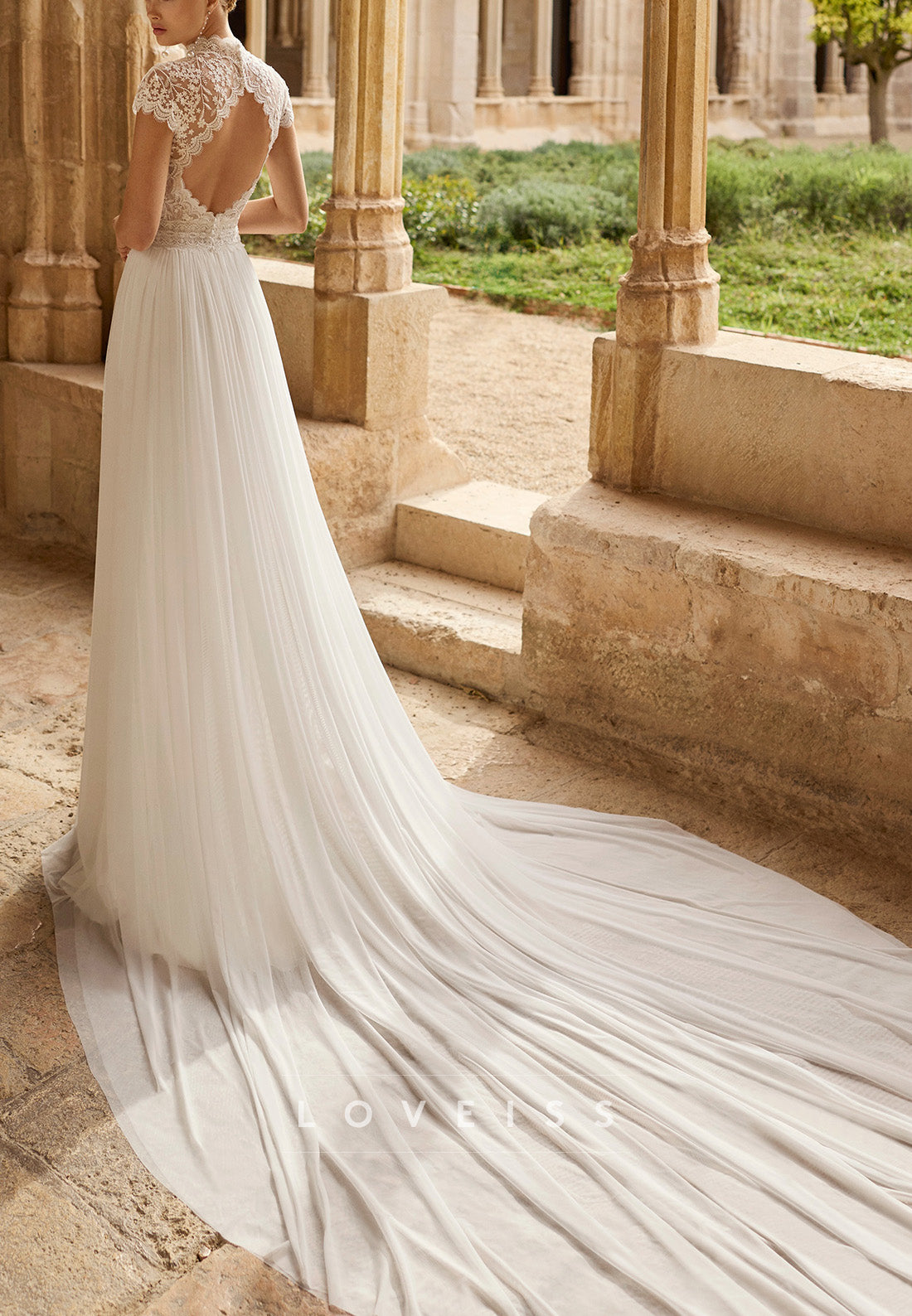 High Neck Lace Wedding Dress with High Slit