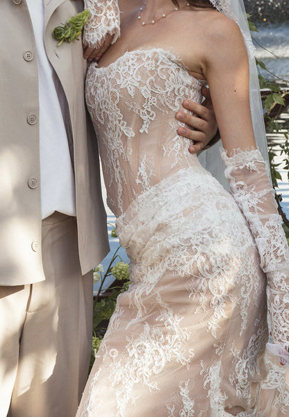 Strapless Lace Sheath Wedding Dress with Draped Hip