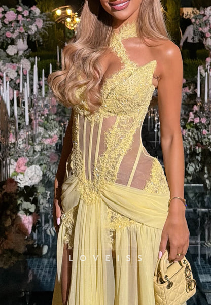 Corset Lace Evening Gown with Slit Overskirt