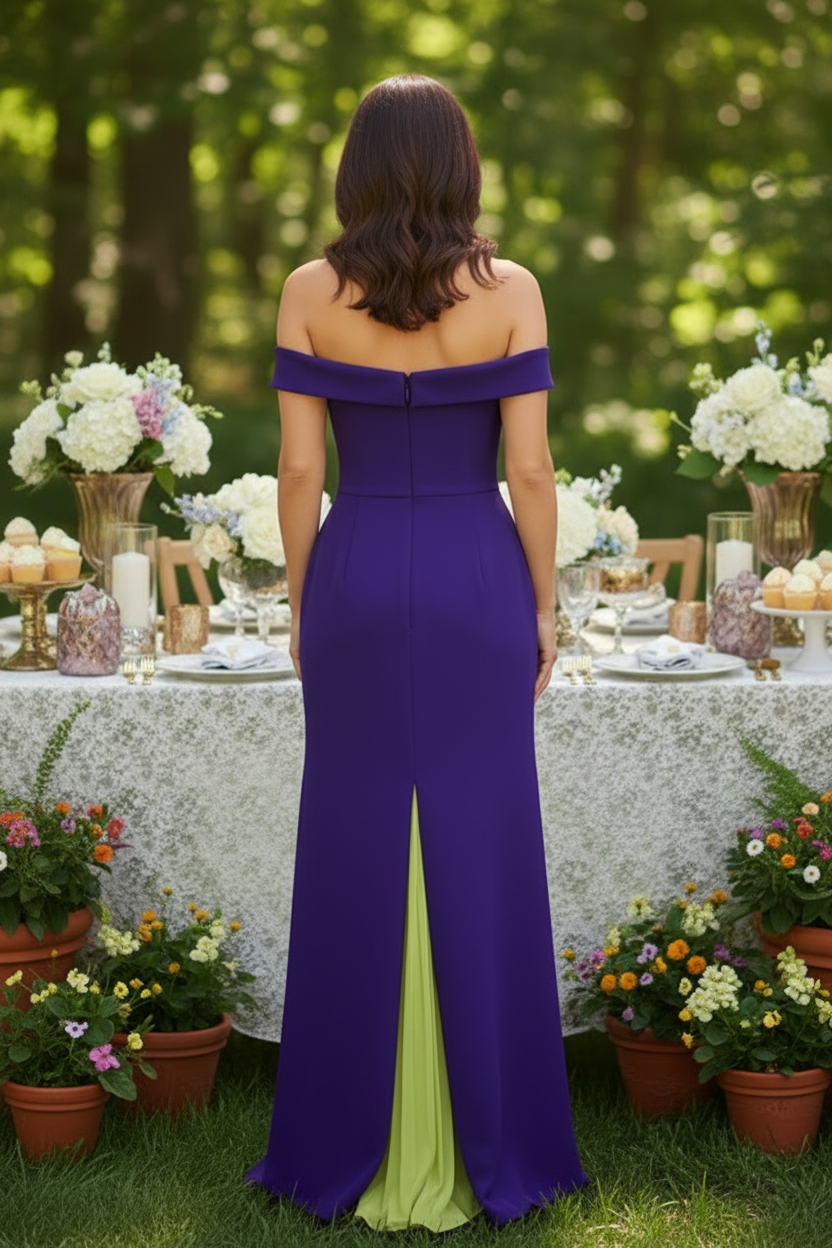 Asymmetrical Off-the-Shoulder Pleated Evening Gown