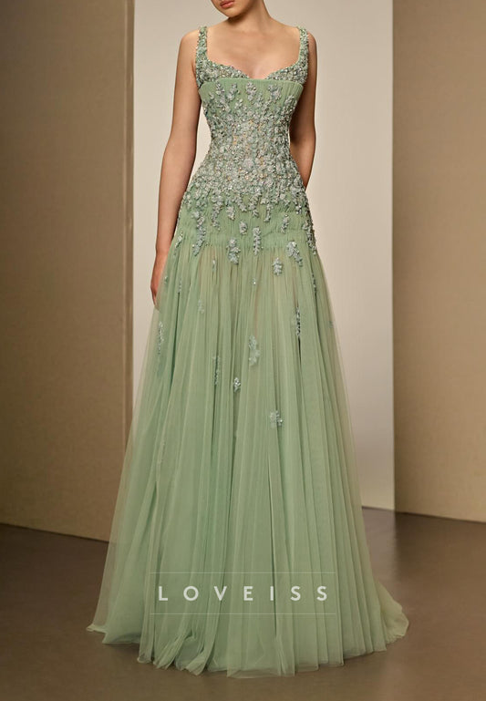 Beaded Floral Applique A-Line Tulle Evening Gown