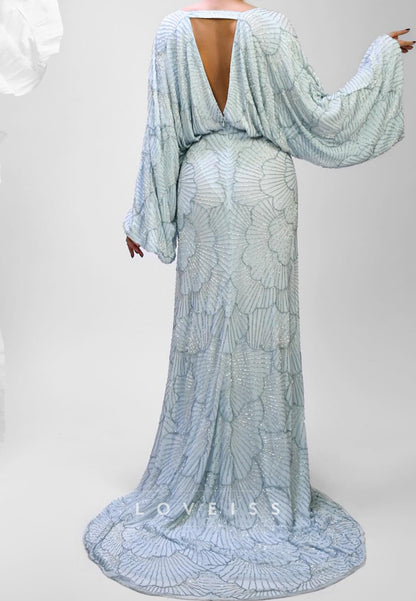 Art Deco Beaded V-Neck Gown with Bell Sleeves