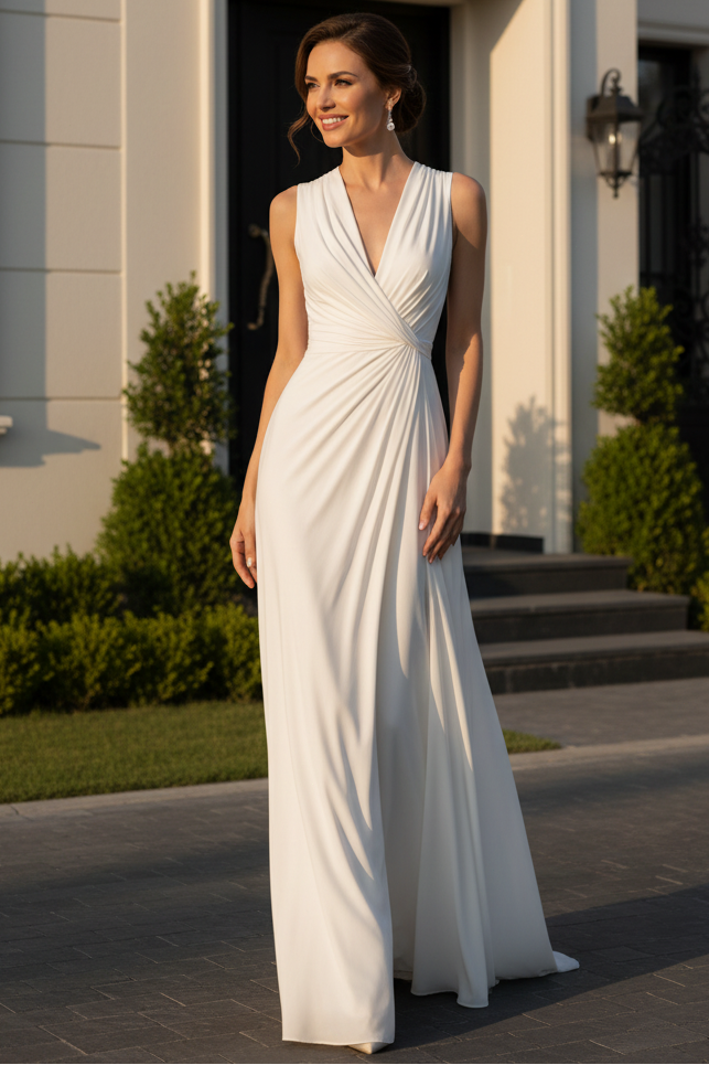 Wrap V-Neck Pleated Waist Sheath Maxi Dress
