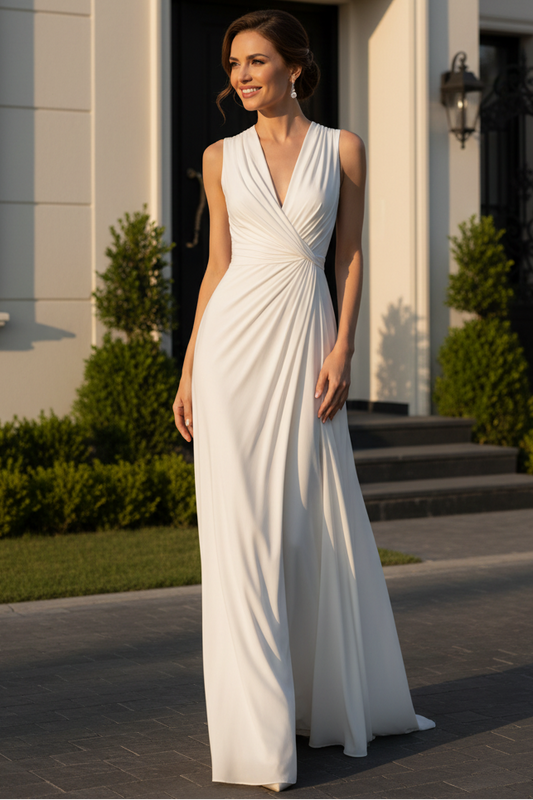 Wrap V-Neck Pleated Waist Sheath Maxi Dress