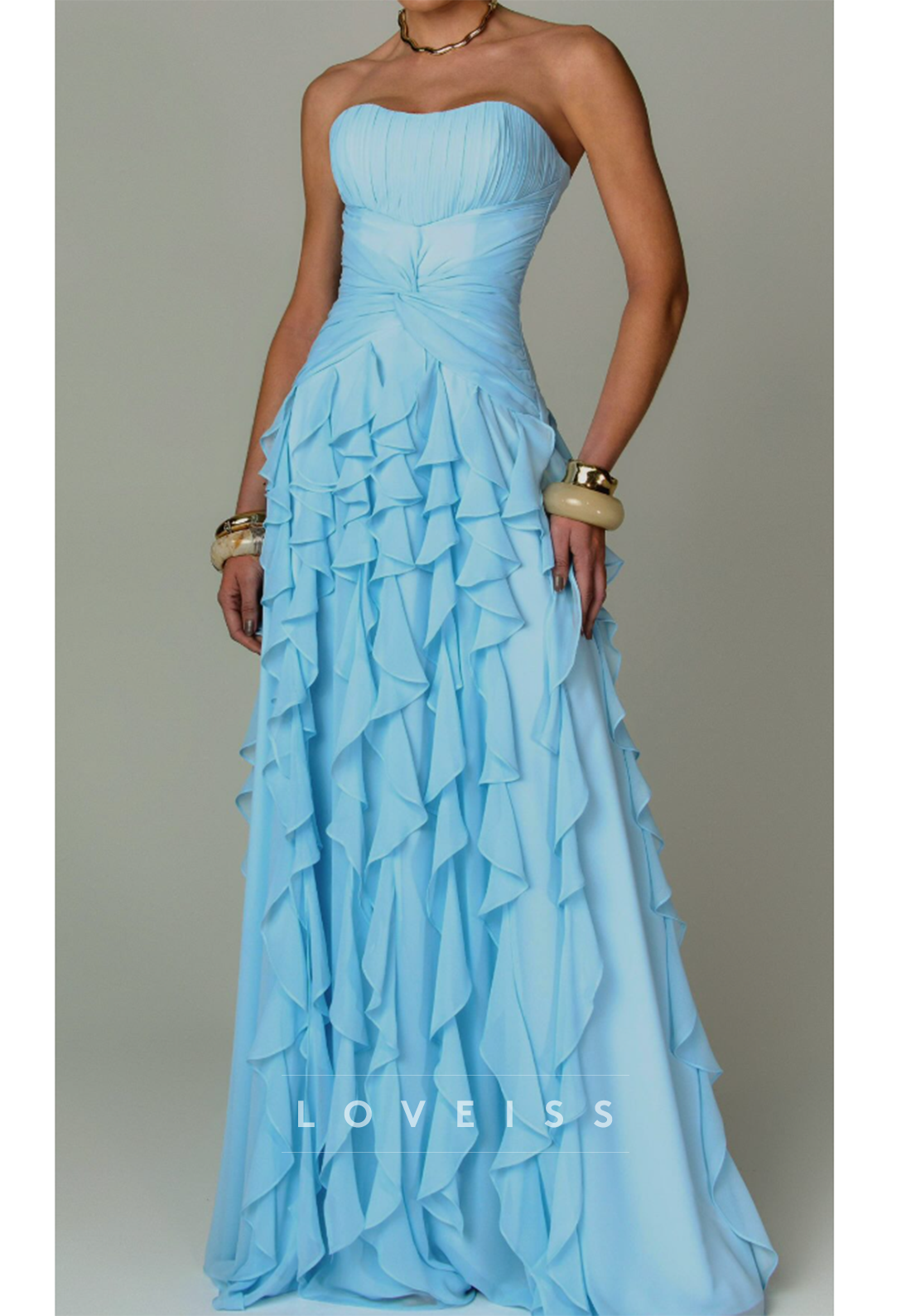 Strapless Sweetheart Ruffled Tiered Chiffon Evening Gown
