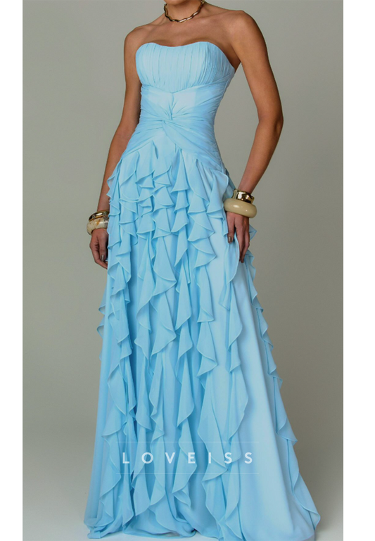 Strapless Sweetheart Ruffled Tiered Chiffon Evening Gown