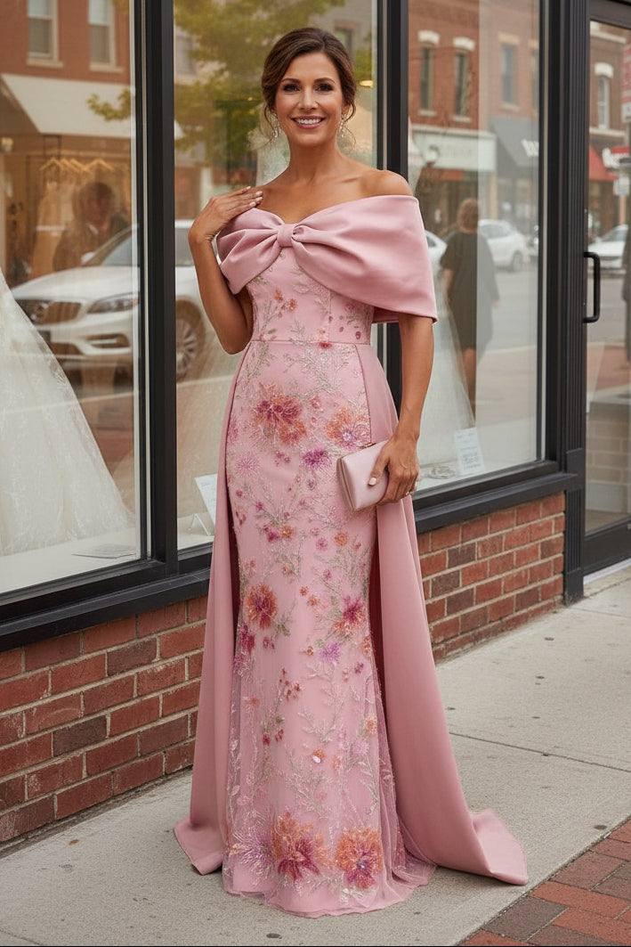 Off-Shoulder Embroidered Gown with Overskirt