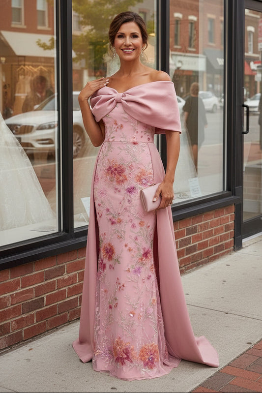 Off-Shoulder Embroidered Gown with Overskirt