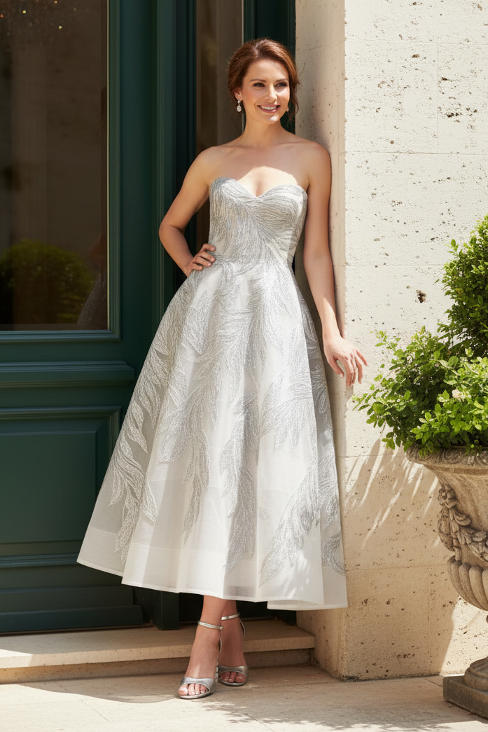 Strapless Embroidered Tea-Length A-Line Dress