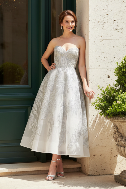 Strapless Embroidered Tea-Length A-Line Dress
