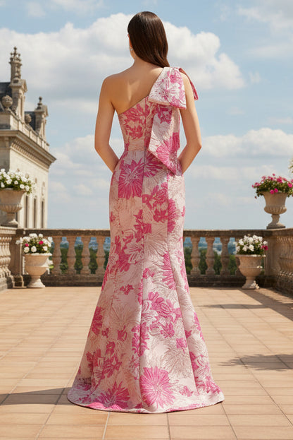 One-Shoulder Floral Jacquard Trumpet Gown