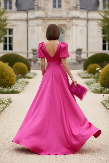 Elegant V-Neck A-Line Puff Sleeve Satin Evening Dress