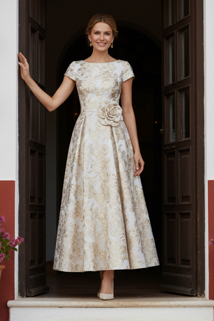 Floral Jacquard A-Line Dress with 3D Flower