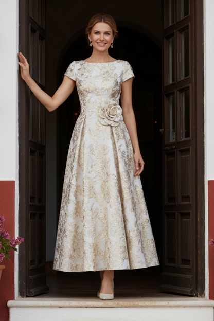 Floral Jacquard A-Line Dress with 3D Flower