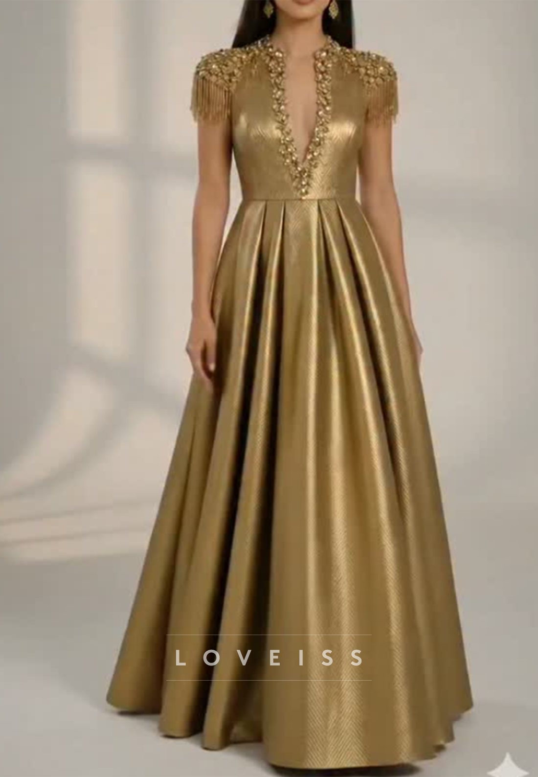 Beaded Plunging Neckline Metallic A-Line Gown
